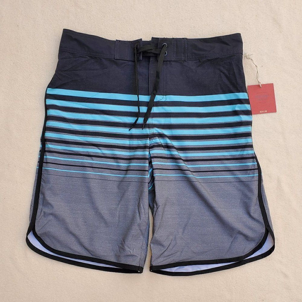 Mossimo black, teal, and gray striped board shorts